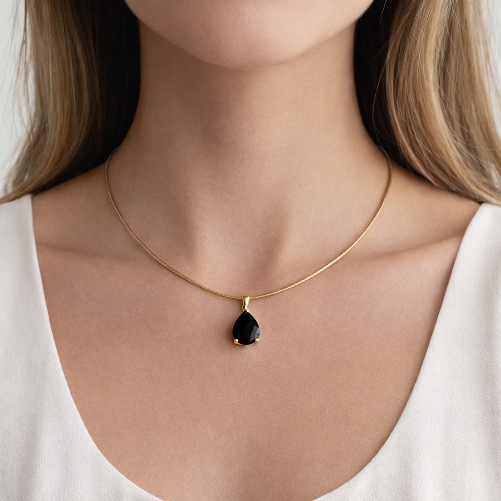 Lauren Scott 925 Sterling Silver Omega Necklace w Black Teardrop Pendant 16in lg